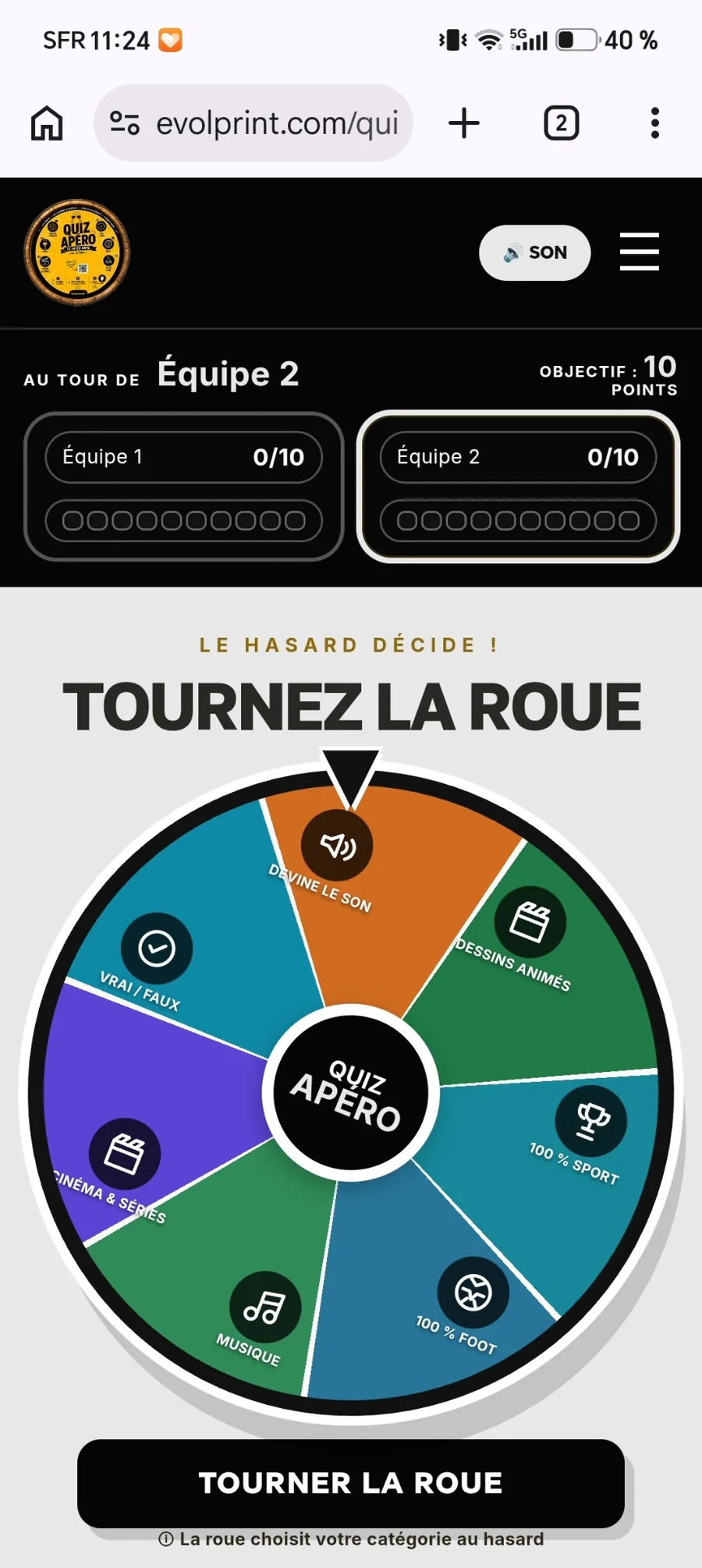 Roue aléatoire du jeu Quiz Apéro sur smartphone