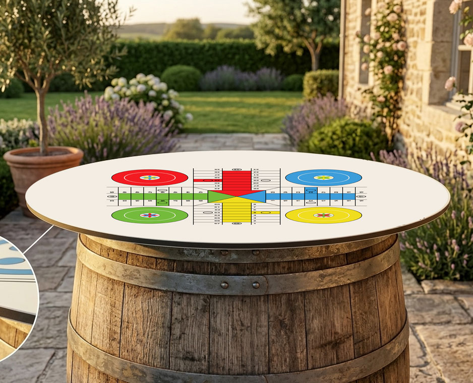 plateau-de-jeu-parchis-grand-format-pour-exterieur Plateau de jeu parchis pour tonneau de vin grand format pour exterieur jardin