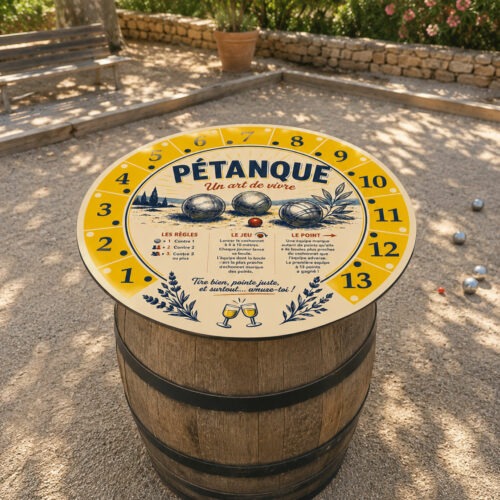 plateau 80x80 table tonneau pétanque avec scoreur intégré.