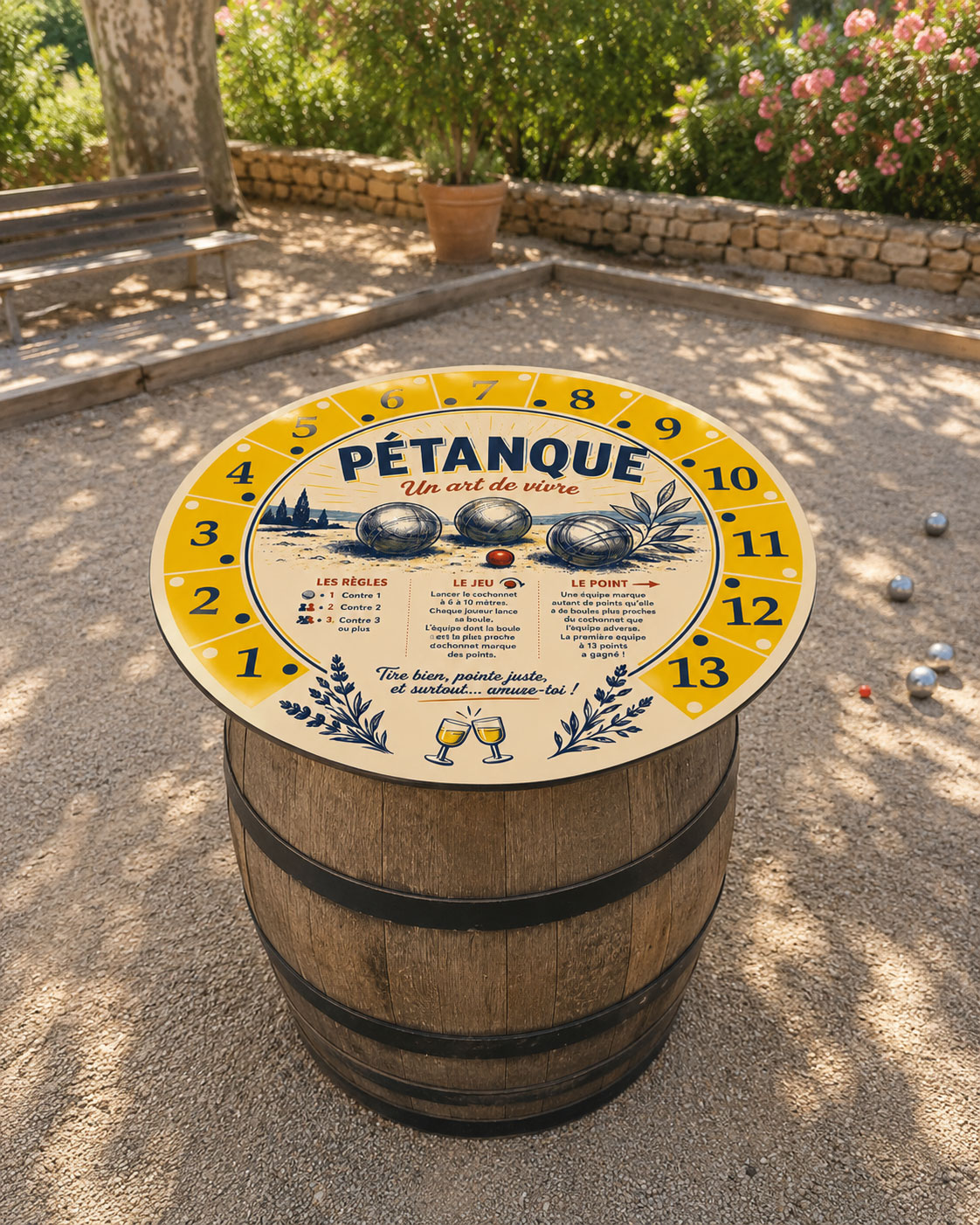 plateau 80x80 table tonneau pétanque avec scoreur intégré.