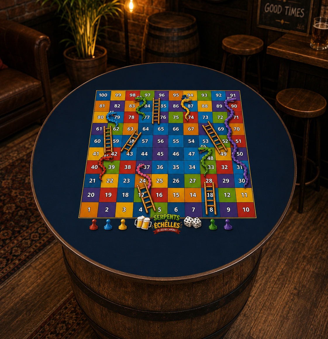 plateau table mange debour pour tonneau de vin jeu du serpent