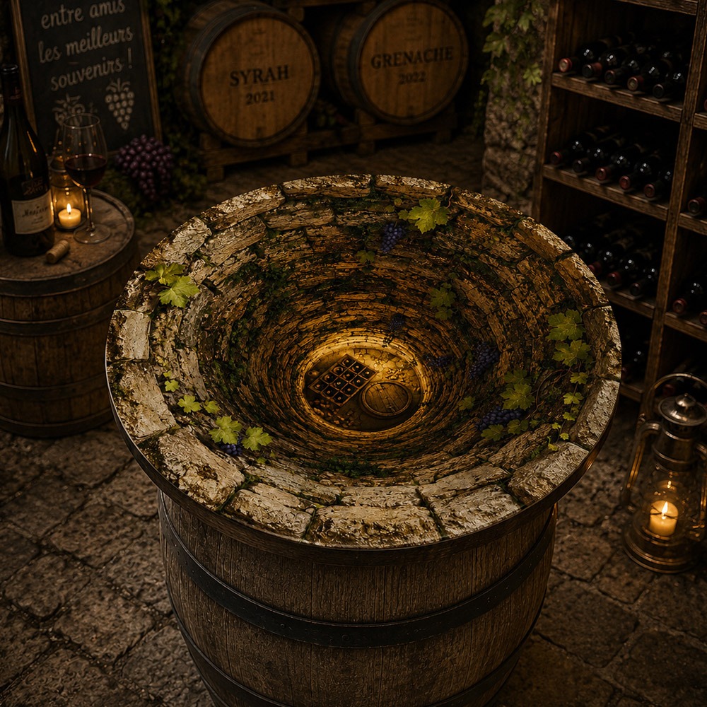 Plateau table pour tonneau de vin avec un puits imprimé en trompe l'oeil