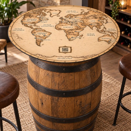 Plateau Mappemonde Ancienne pout tonneau de vin avec jeu intégré