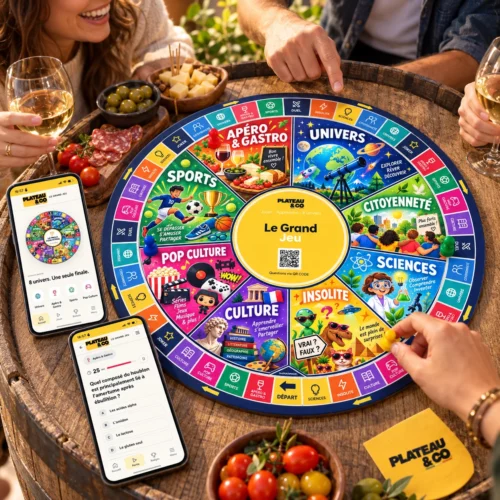 Mise en scène du plateau Le Grand Jeu avec smartphones et apéritif entre amis.