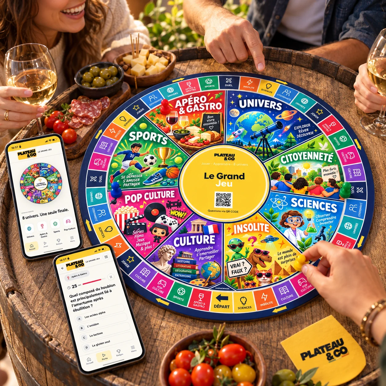 Mise en scène du plateau Le Grand Jeu avec smartphones et apéritif entre amis.